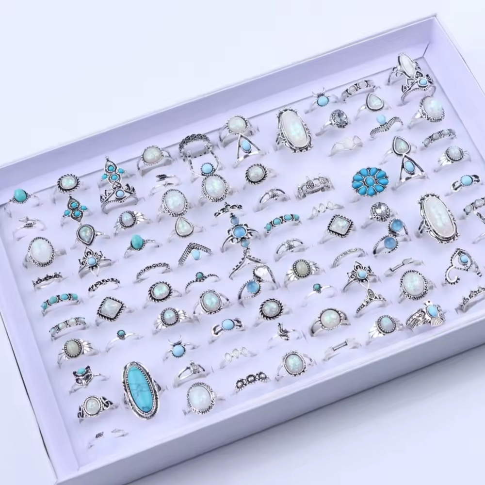 Boho Vintage Style Glass Turquoise + White Opal Rings